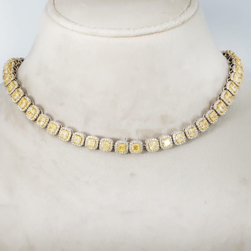 House Of Leon 18K White Gold Graduated Cushion Cut Canary Yellow Diamond Chain 74.25ct
