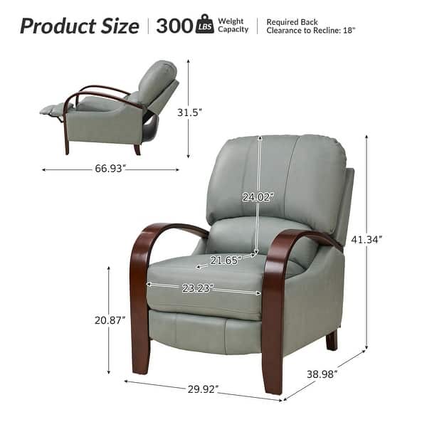 dimension image slide 1 of 14, Alex Mid-century Modern Genuine Leather Manual Recliner with Wooden Curved Arms
