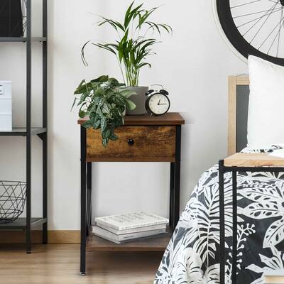 Set of 2 Nightstand Industrial End Table with Drawer, Storage Shelf and Metal Frame for Living Room, Bedroom