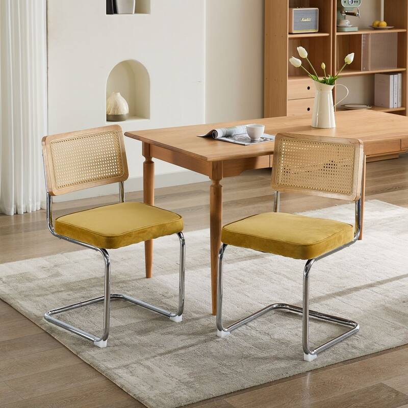 Velvet Dining Chair Set of 2 Gold Accent Chair with Natural Cane Back