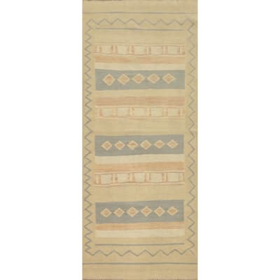 Hand Woven Oriental 100% Wool Carpet Southwestern Tribal Beige & Ivories Kilim Runner Rug - 5' 9'' X 2' 0''