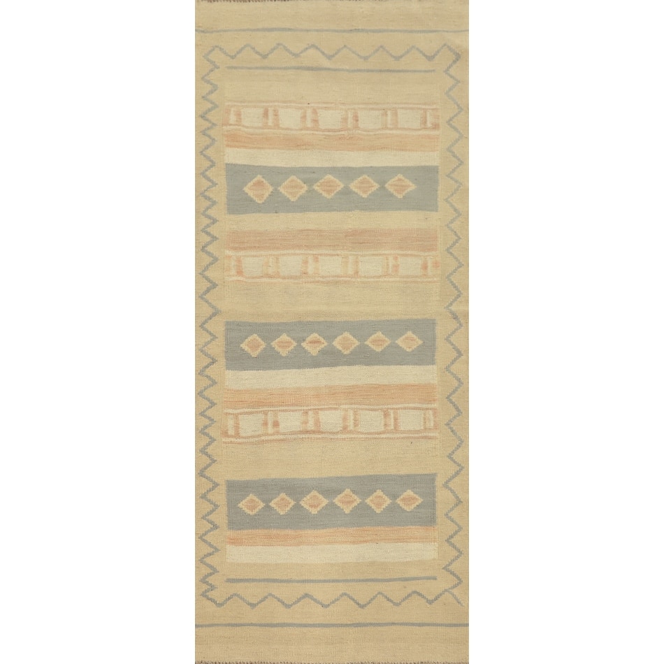 Hand Woven Oriental 100% Wool Carpet Southwestern Tribal Beige & Ivories Kilim Runner Rug - 5' 9'' X 2' 0''