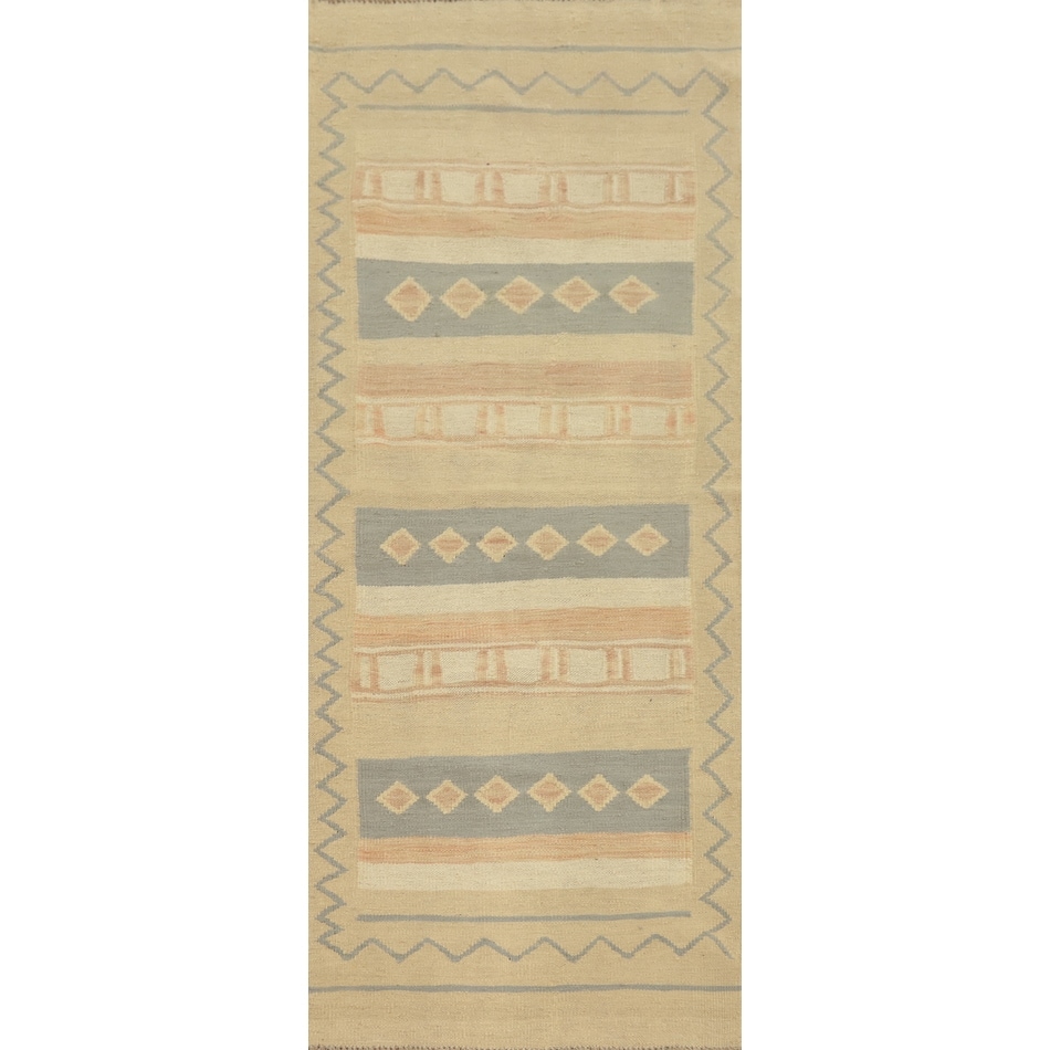 Hand Woven Oriental 100% Wool Carpet Southwestern Tribal Beige & Ivories Kilim Runner Rug - 5' 9'' X 2' 0''