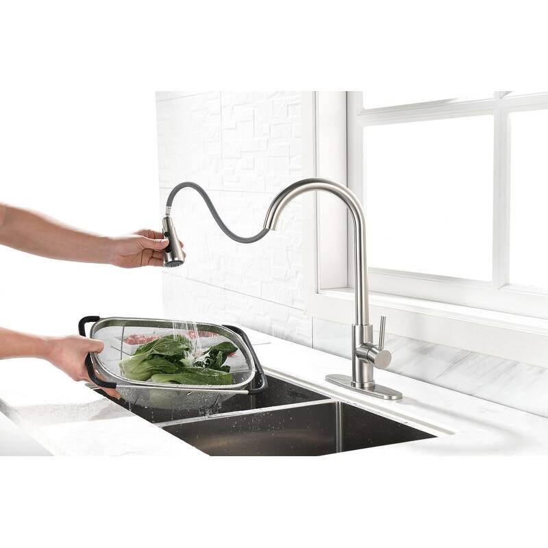 Single Handle High Arc Brushed Nickel Pull-Out Kitchen Faucet-360° Swivel