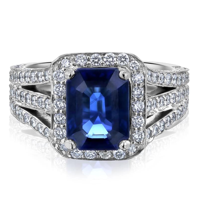 Kobelli 6.29 Carats Blue Sapphire & White Diamond Solid 14k White Gold Emerald-cut Rectangular Halo Split Shank Neptune Ring