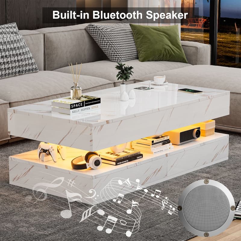 Smart LED Coffee Table 47.2" with Bluetooth Speaker & Wireless Charging, Modern White Marble Center Table
