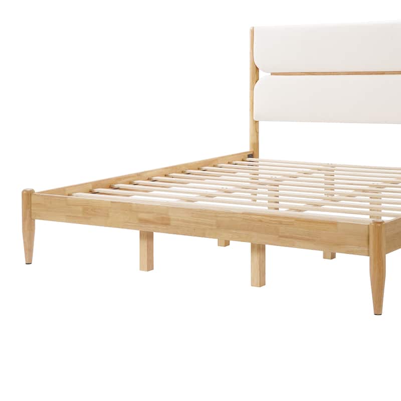 Solid Wood Bed Frame with Panel Upholstered Headboard Mid-Century Modern Platform Bed with Durable Wooden Slats, Easy Assembly