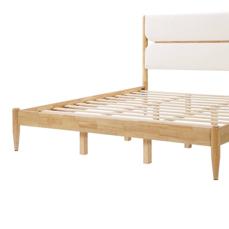 Solid Wood Platform Bed Frame with Ivory Fleece Upholstered Headboard, Wood Slats Support and Center Wood Legs