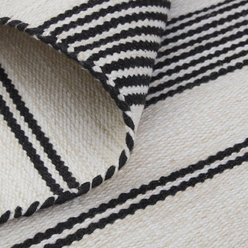 4' X 6' Black And White Striped Dhurrie Hand Woven Stain Resistant Area
