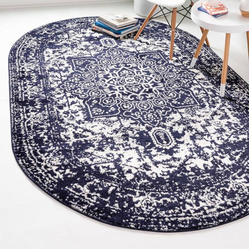 Traditional Brenda Collection Area Rug - Navy Blue - 5'x8' Oval