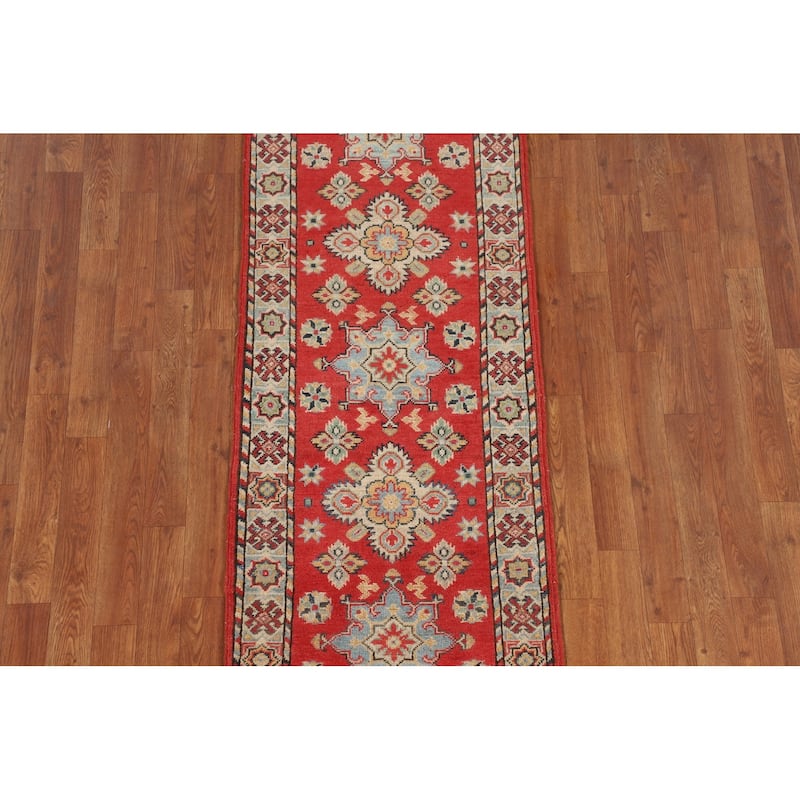Geometric Red Kazak Runner Rug Handmade Wool Carpet - 2'2" x 5'11"