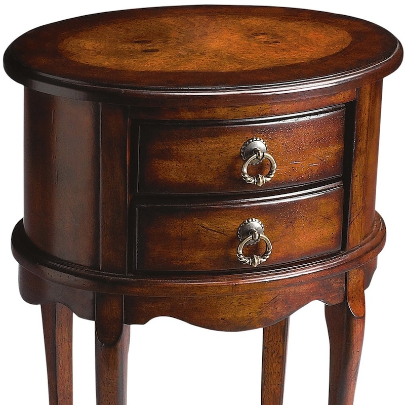 HomeRoots 26" Dark Brown And Cherry Manufactured Wood Oval End Table With Two Drawers - 18