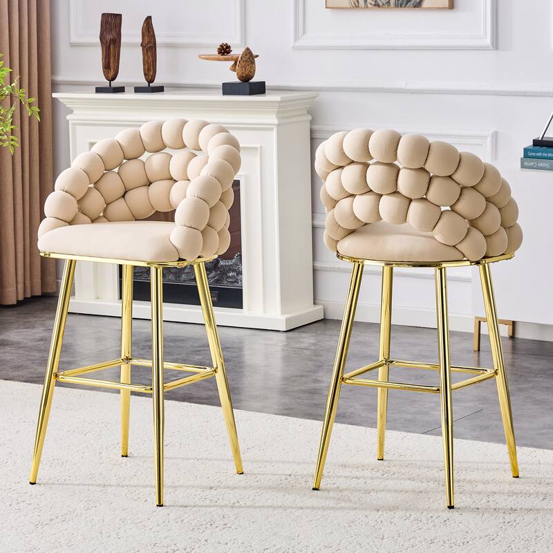 Set of 2 Beige Puffy Bubble Chair Velvet Bar Stools with Gold Legs, Tufted Accent Bar Chairs