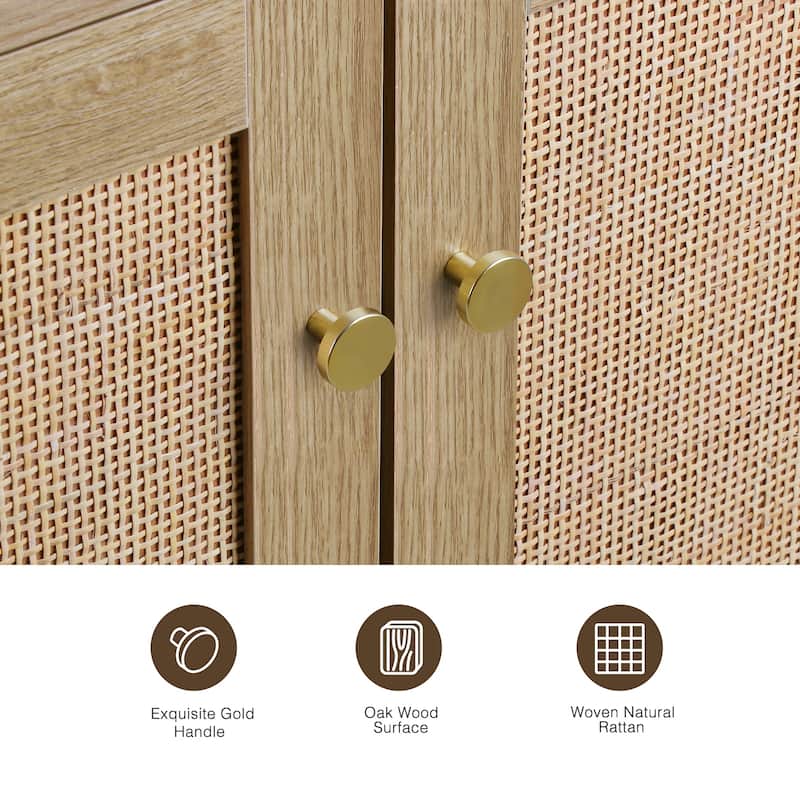 Anmytek 2-Door Farmhouse Wood Rattan Buffet Sideboard Accent Storage Cabinet with Adjustable Shelves