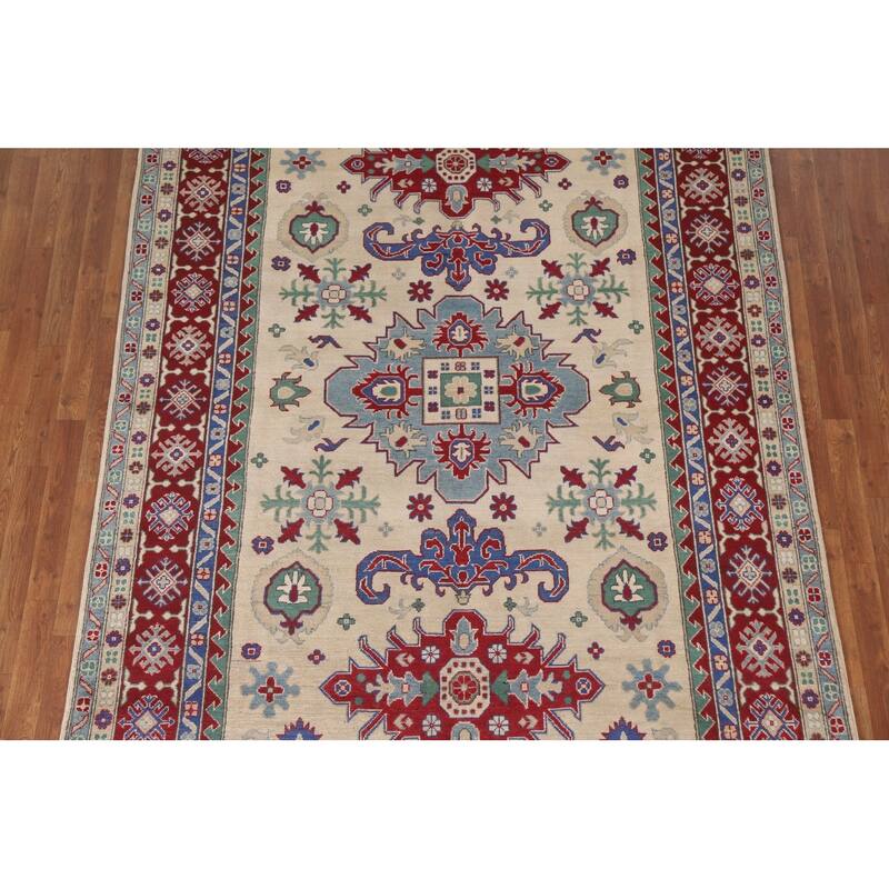 Hand Knotted Oriental 100% Wool Carpet Traditional Geometric Beige & Ivories Kazak Area Rug - 10' 1'' X 6' 7''