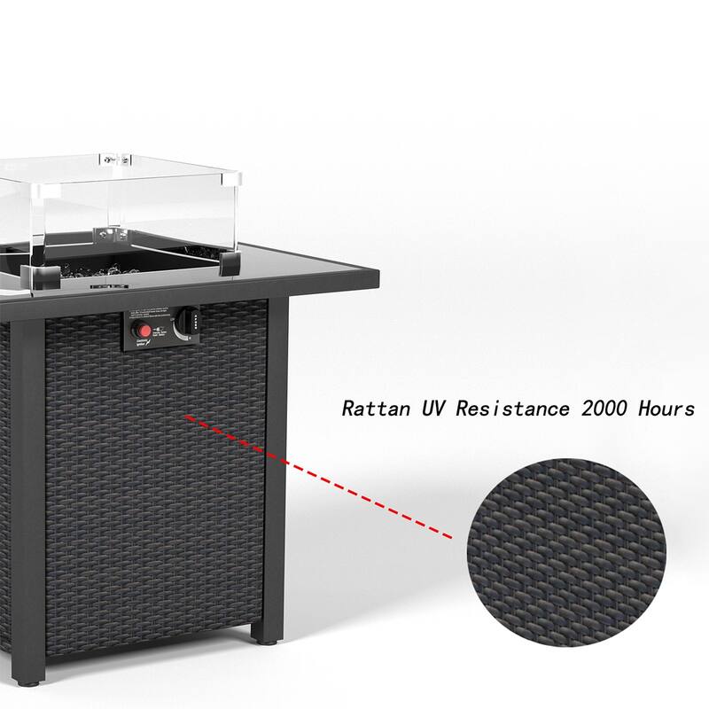 28 Inch Propane Fire Pit Table, Rattan & Wicker-Look, 50000 BTU Gas Firepits Tempered Glass Tabletop