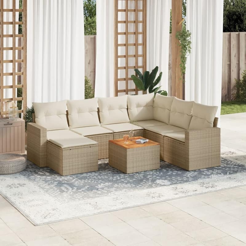 vidaXL Patio Sofa Set with Cushions Outdoor Furniture 8 Piece Poly Rattan - Beige corner + Table + 3x middle - 21.7 x 21.7 x 14.6