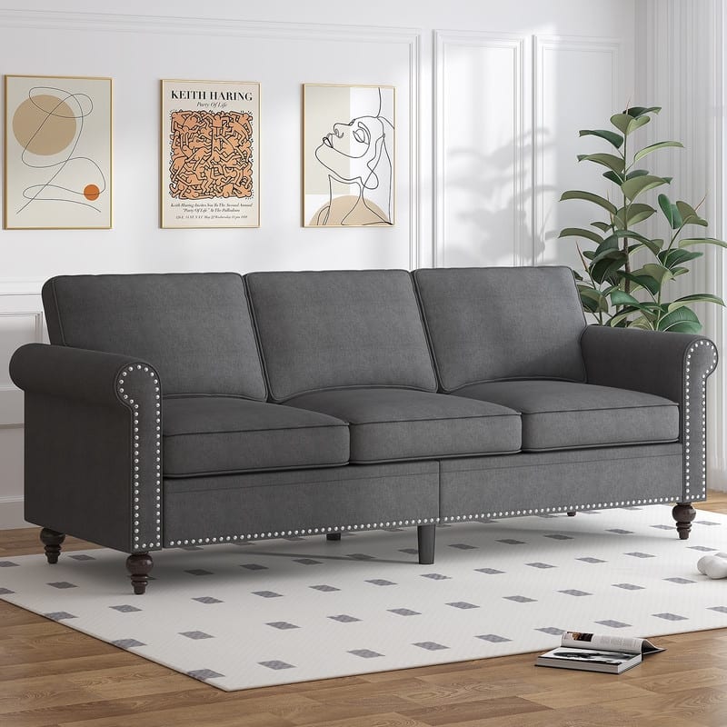 Mixoy 2 Piece Living Room Sofa Set with Rivet Design,Linen 3-Seater Sofa Couch,Loveseat Sofa/Single Sofa Chair