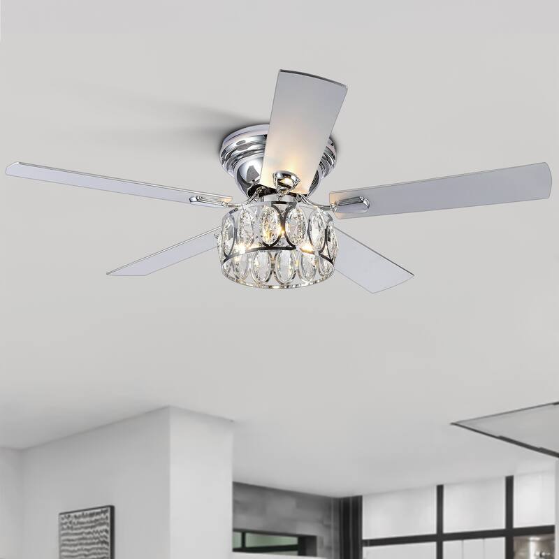52" 5-Blade Flush Mount Ceiling Fan with Crystal Light Remote Control - 52 Inch - 52 Inch - Chrome - Remote