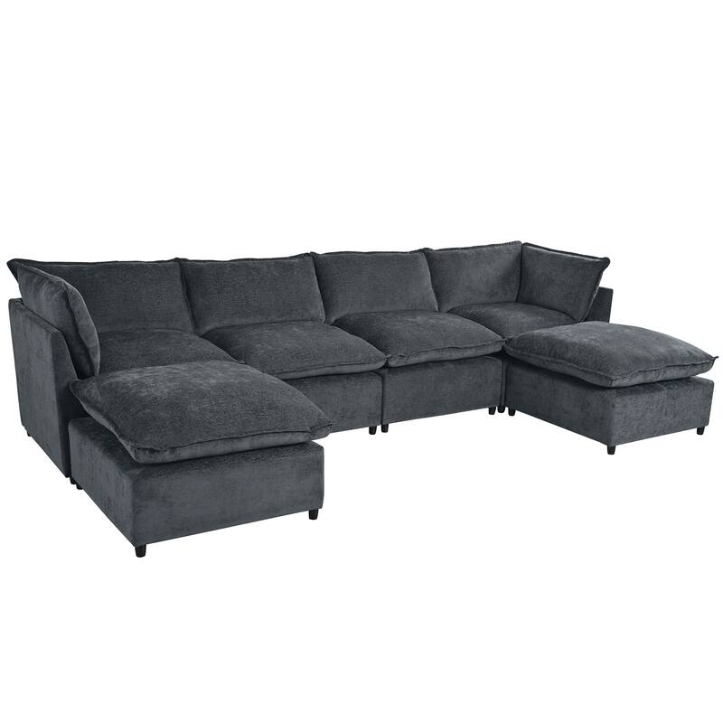 U-Shape Sectional Sofa Upholstered Couch with Removable Cushions and Solid Wood Frame, Modular Sofa 2 with Movable Ottoman
