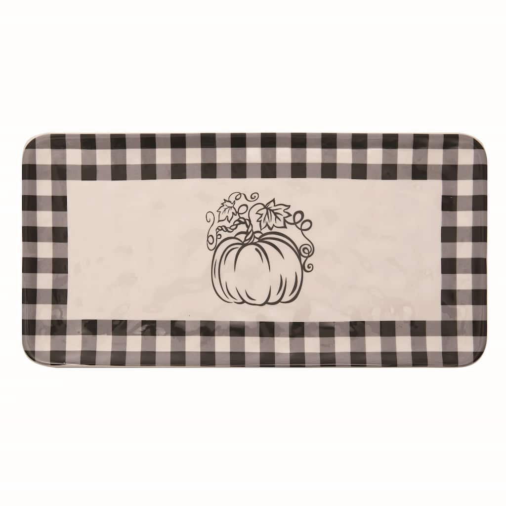 Transpac Dolomite 12.25 in. White Autumn Buffalo Check and Pumpkin Tray