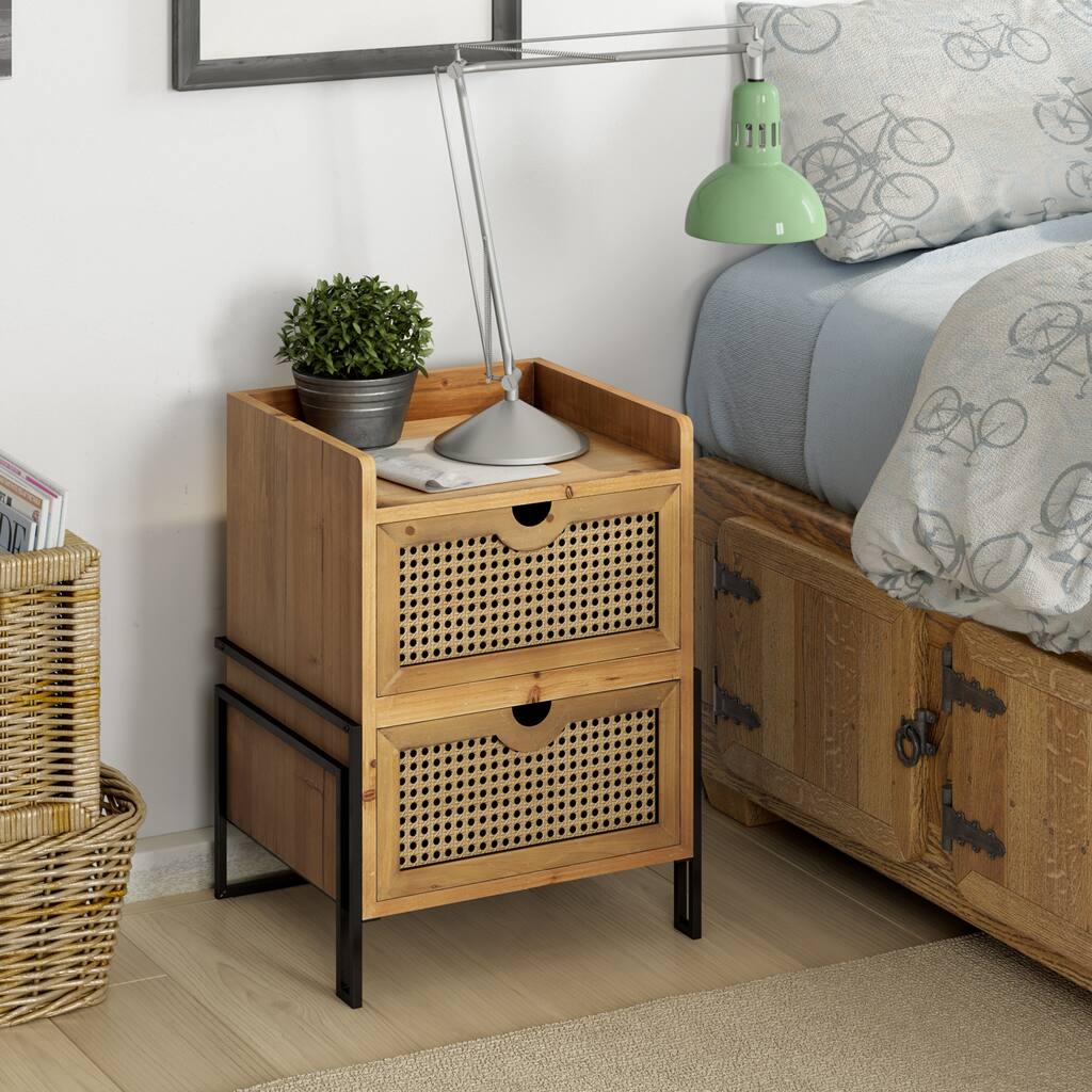 COZAYH Rustic Farmhouse Nightstand, Fully-Assembled Woven Front Accent End Table with 2-Drawer for Living Room, Bedroom
