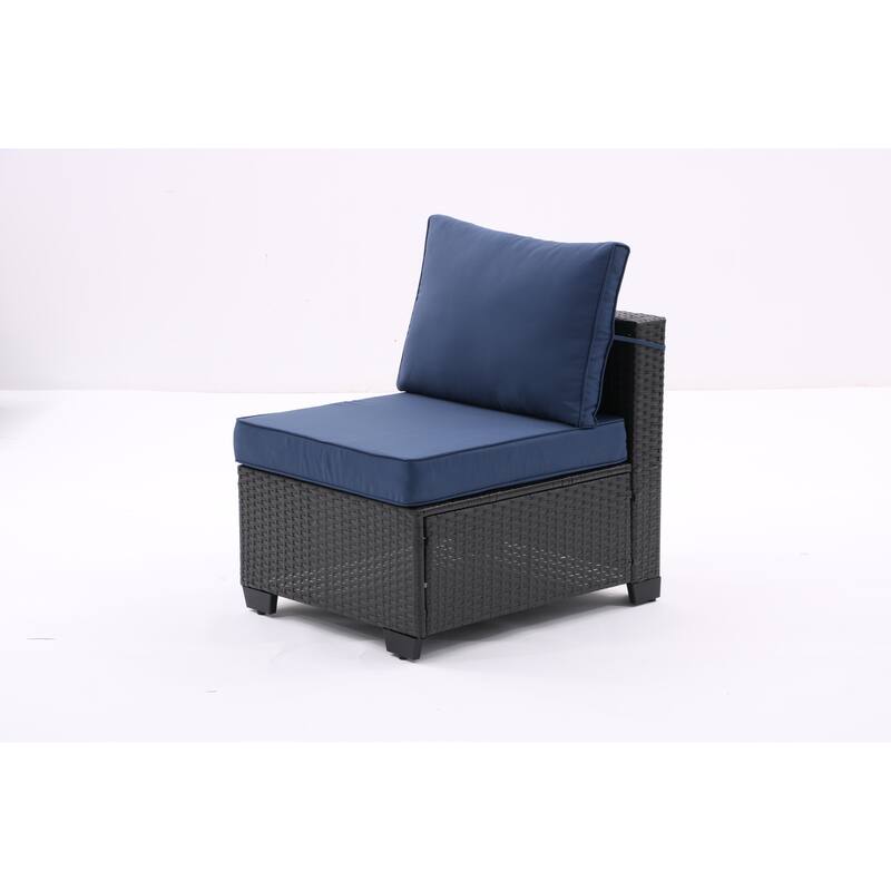 Modern Patio Sectional Couch Furniture Set,Coffee Rattan Sofa Set with Corner Chairs,Ottomans and Glass Top Table,Blue Cushions