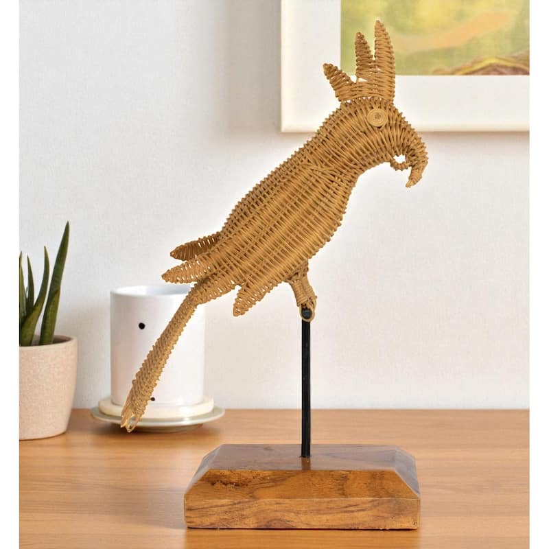 Rattan Cockatoo Parrot Sculpture - Hand Woven Tropical Decor, Boho Bird Accent on Wood Stand - 17" tall x 10" wide x 5" deep