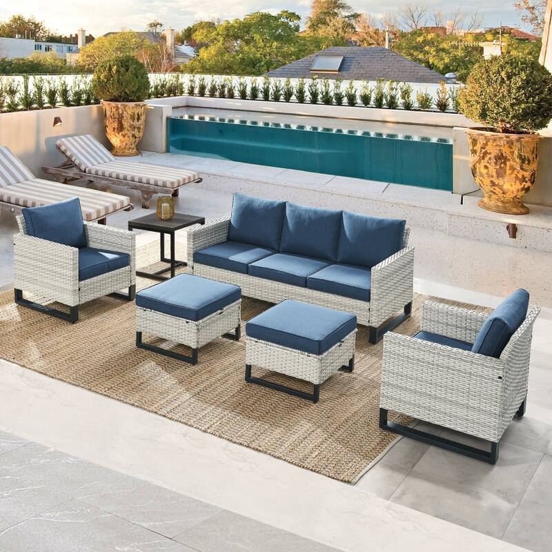 6 Piece 3-Seat Sofa Chair Table Set - Blue - Light Grey