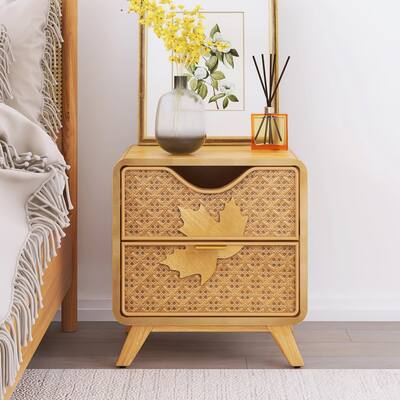 Vintage Rattan Accent Cabinet, Nightstand - 2 Drawer Storage, MDF & Woven Design