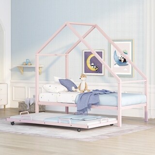 Twin Size Metal House Bed with Pull-Out Trundle for Space-Saving and Versatile Children's Bedrooms