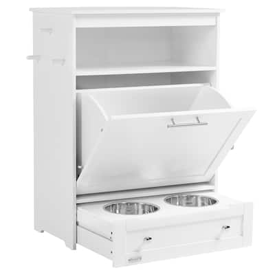 Pet Feeder Station Storage Cabinet, Dog Food Container with Dog Raised Bowls and Hanger for Feeding & Watering Supplies
