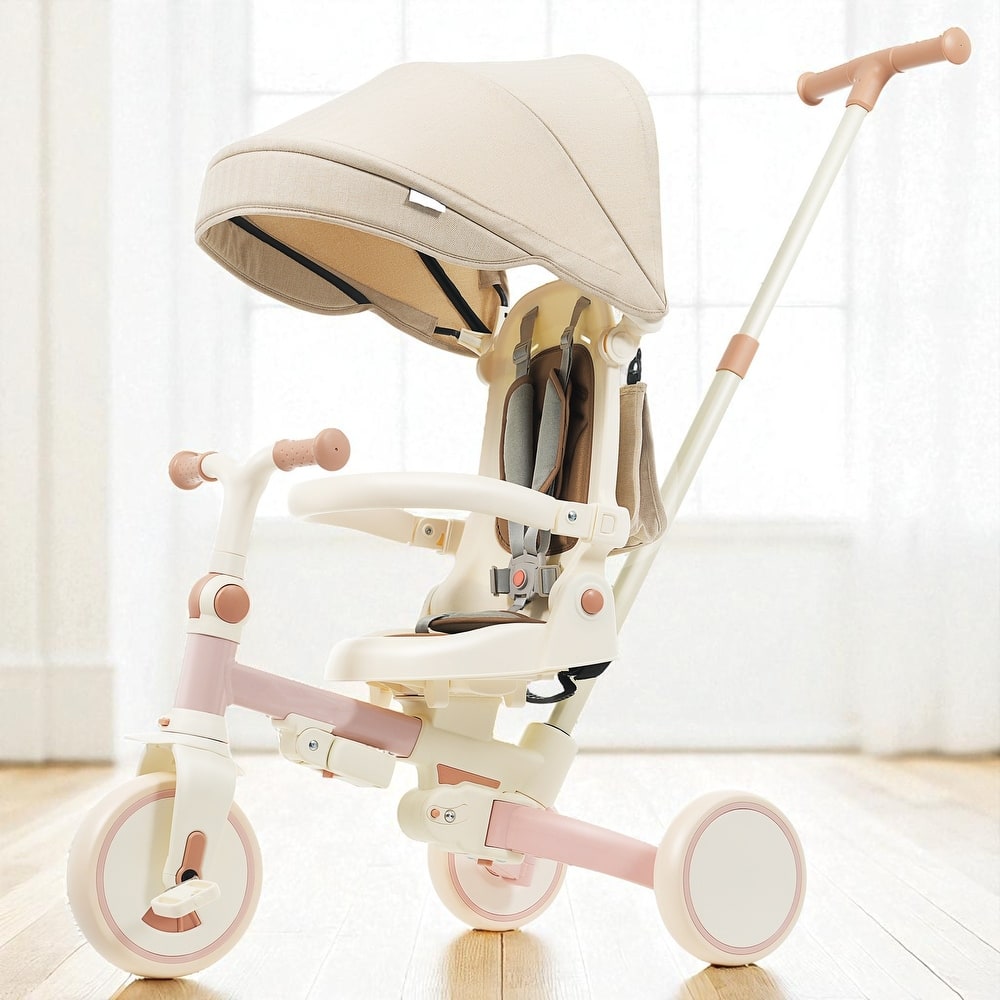 7-in-1 Baby Tricycle for Toddlers Ages 1-6, Foldable Push Trike with Parent Handle, Canopy, Guardrail & Pedals