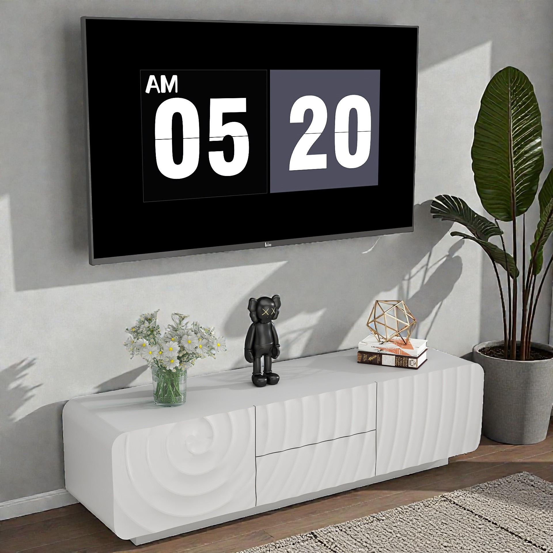 58 Inch Modern TV Stand with Spiral Wave Design, Storage Cabinet and Drawers, Media Console for Living Room