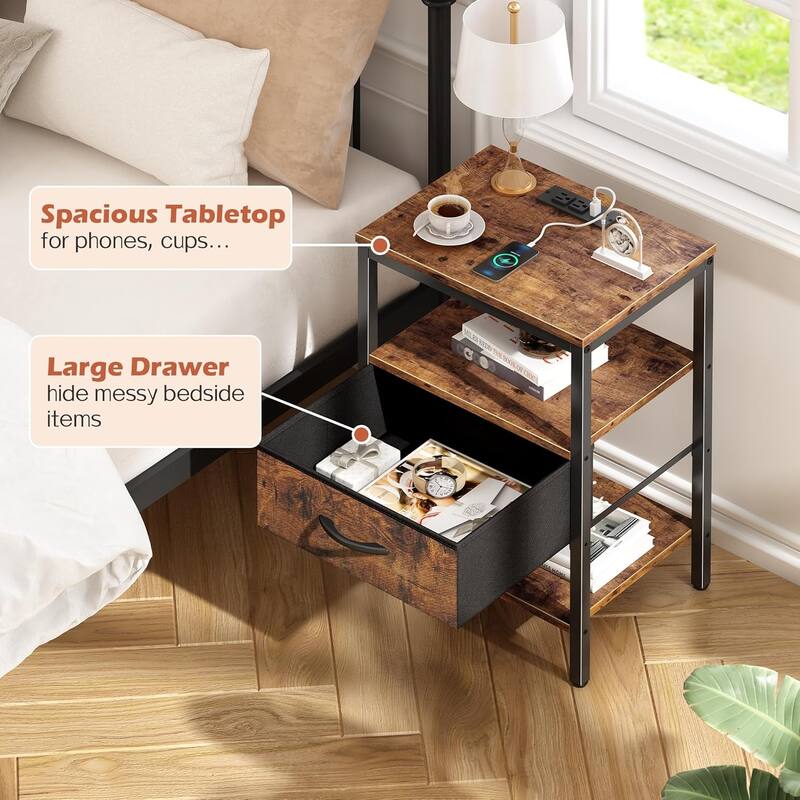 Nightstand Set of 2 Or 1 with Charging Station and USB Ports, Storage End Table with Fabric Drawer, Night Stand for Small Spaces