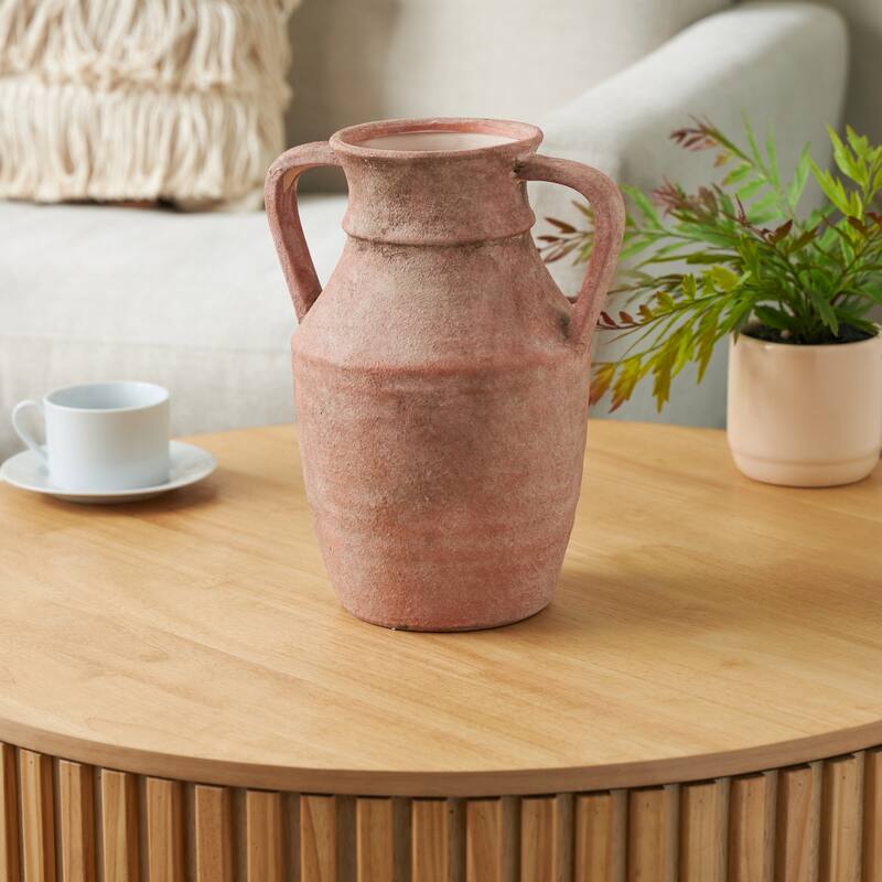 Pink Ceramic Antique Style Decorative Vase with Handles - Pink - 9"W, 12"H