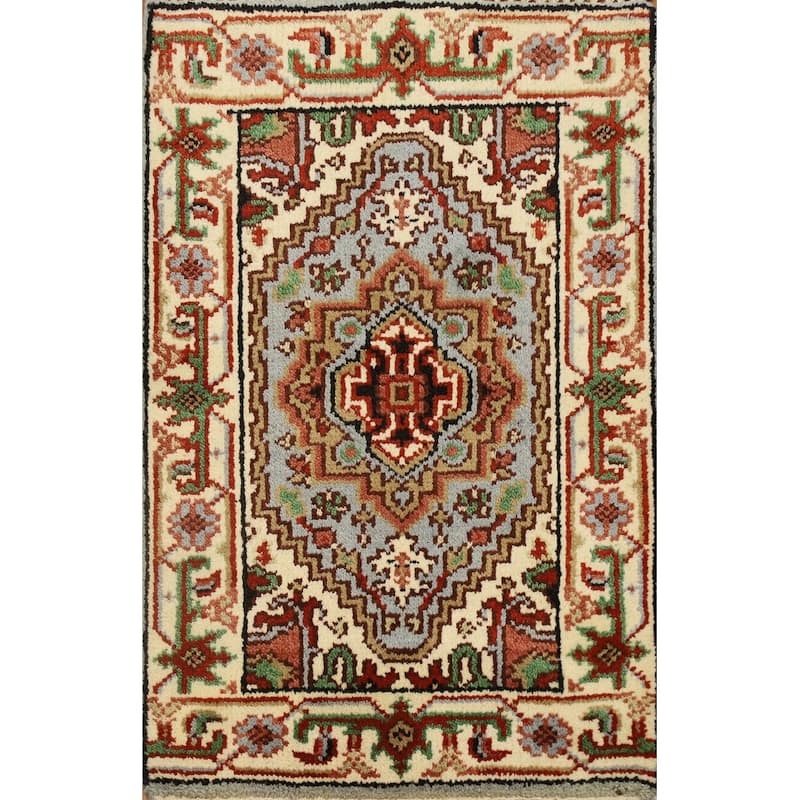 Hand Knotted Oriental 100% Wool Carpet Traditional Medallion Navy Blue & Blues Heriz (serapi) Area Rug - 3' 0'' X 2' 0''