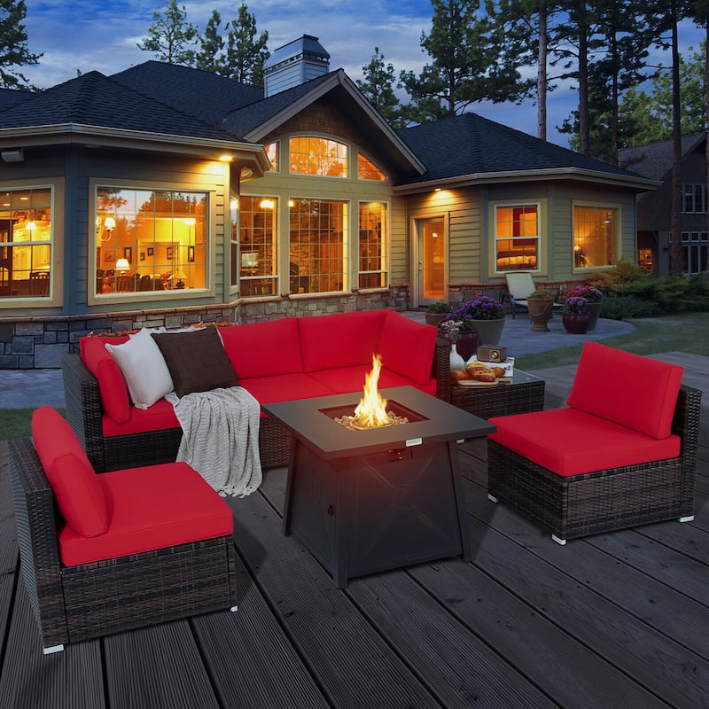 Gymax 7PCS Rattan Patio Sectional Furniture Set w/ 30'' Fire Pit Table - Red