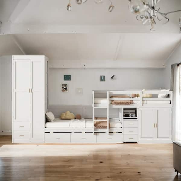 slide 2 of 31, Twin Size Wooden Platform Bed with Cabinet, Wardrobe and Desk for 3 White