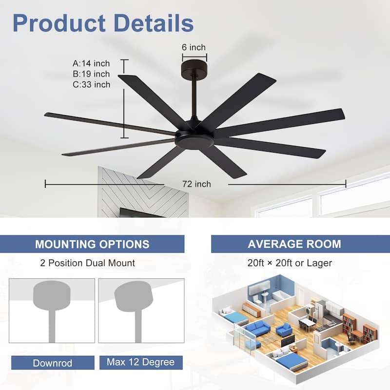 Large Ceiling Fan without Light - 8-Blade, Remote App Control, Dimmable 3CCT LED, Quiet DC Motor​
