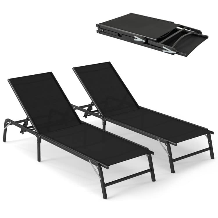 Black Metal and Fabric Patio Chaise Lounge Chairs Set of 2 with 5 Level Adjustable Backrest, Foldable Design - 72" x 23.5" x 12"