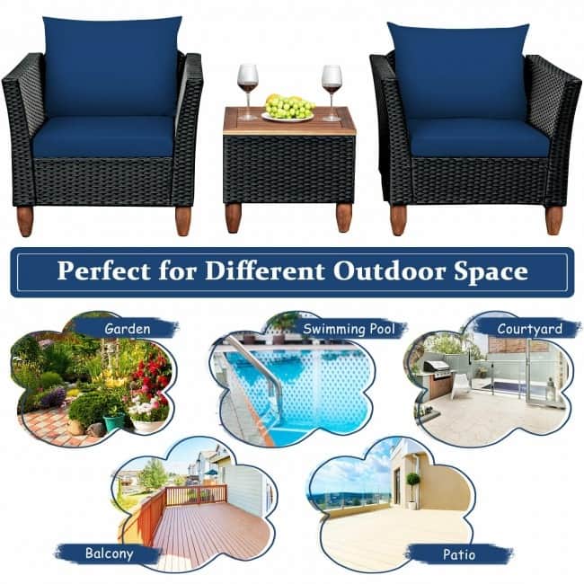 3 Pcs Outdoor Patio Rattan Furniture Set Wooden Table Top Cushioned Sofa - 29" x 27" x 28" (L x W x H)