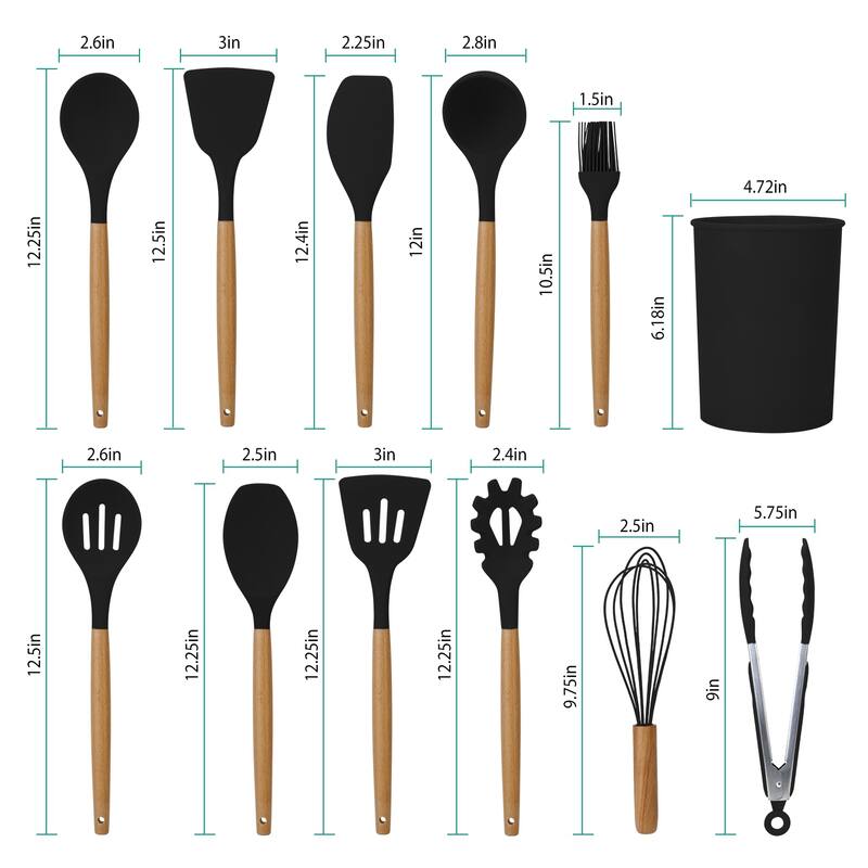 11-Piece Silicone Kitchen Utensil Set Heat-Resistant with Wooden Handles Spatulas Ladle - 4.72 × 4.72 × 6.18 in
