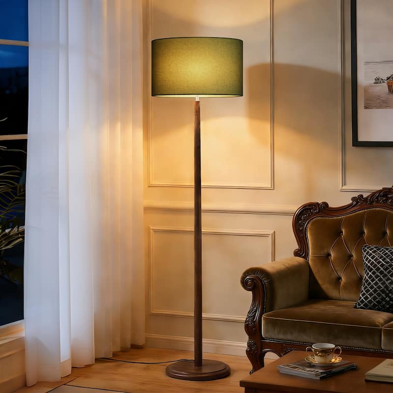 61" Walnut Wood Floor Lamp with Linen Drum Shade, Standing Lamp with Foot Step ON/OFF Switch (Bulb Not Included) - Green