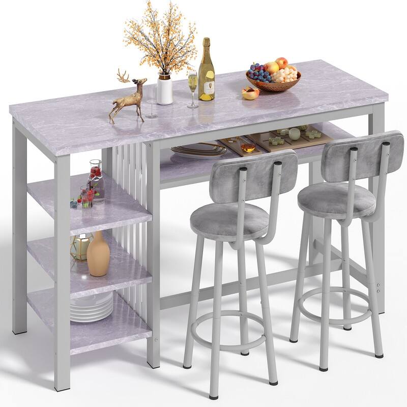 3-Piece Dining Room Table Set with 2 Upholstered Bar Stools, Modern Farmhouse Bar Table Set for 2 with Multiple Tier Shelves