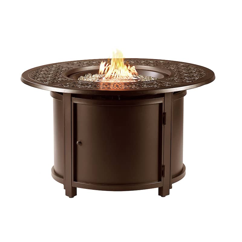 Round 44 in. x 44 in. Aluminum Propane Fire Pit Table with Glass Beads, Two Covers, Lid, 57,000 BTUs - Brown