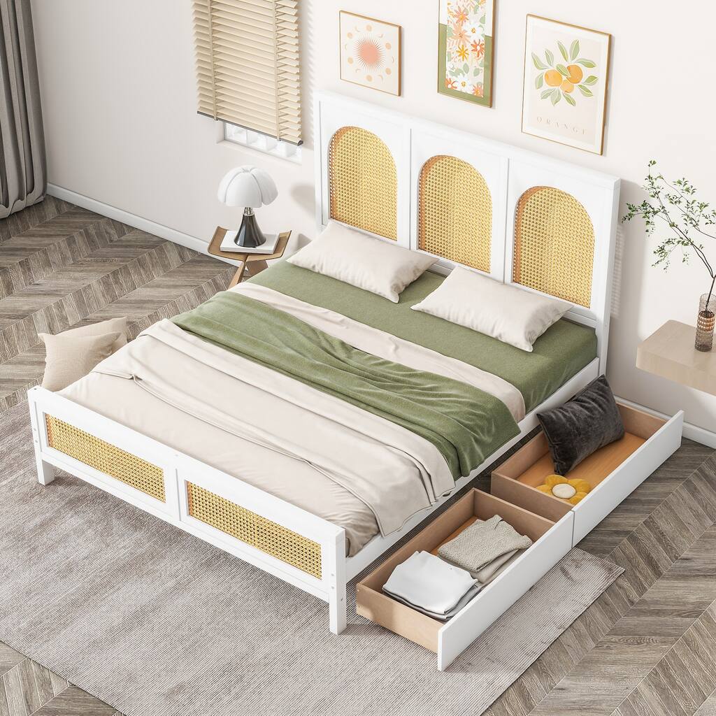 Full Size Platform Bed with 2 Drawers, Wooden Bed with Rattan Headboard, Storage Bed with Footboard, White