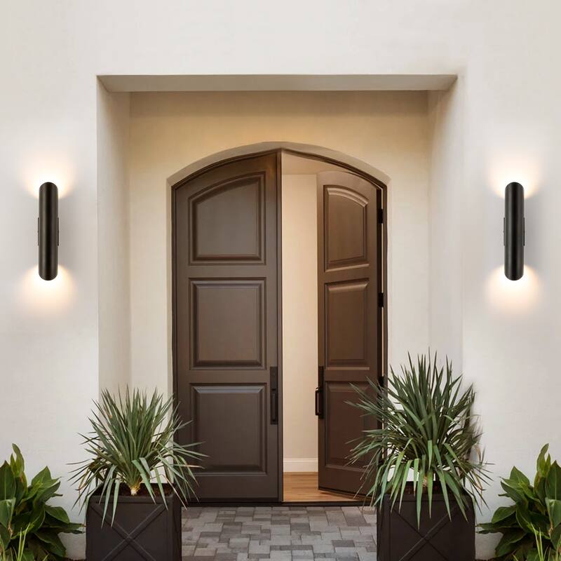 4.3" W 2-Light Modern Black Linear Cylinder Metal Integrated LED Outdoor Porch Lights - 4.33 in. W x 19.69 in. H x 5.12 in. D