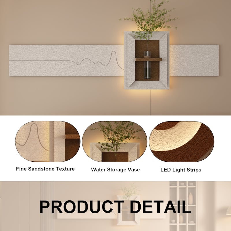 Roomfitters LED Sandstone Wall Art with 3D Vase, 3 Color Light Strip & Fake Rabbit Statue for Living Room, Light Coffee
