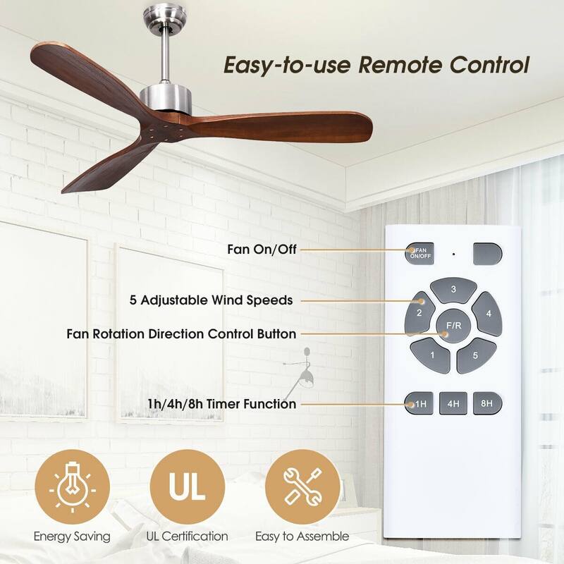 52" Modern Brushed Nickel Finish Ceiling Fan with Remote Control - 26" L x 6+.5" x 52" D